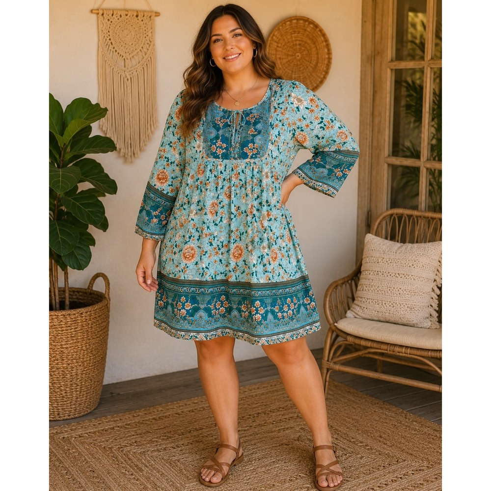 Qearal Dress Womens Large Turquoise Floral Boho Mini Peasant Rayon Festival
